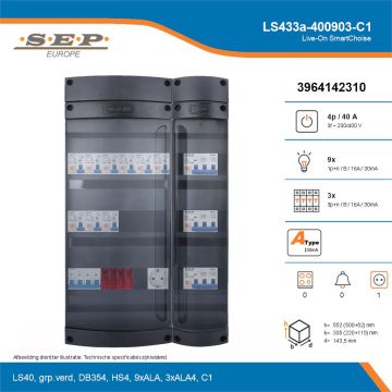 SEP Live-On SmartChoise, LS433a-400903-C1, 40A, 3-fase groepenkast, 9-lichtgroepen, 3-krachtgroepen,  1V-contactdoos, technische details