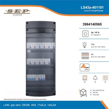SEP Live-On SmartChoise, LS43a-401101, 40A, 3-fase groepenkast, 11-lichtgroepen, 1-krachtgroepen, technische details