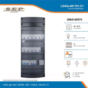 SEP Live-On SmartChoise, LS43a-401101-C1, 40A, 3-fase groepenkast, 11-lichtgroepen, 1-krachtgroepen,  1V-contactdoos, technische details