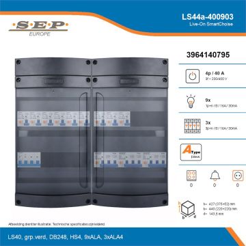 SEP Live-On SmartChoise, LS44a-400903, 40A, 3-fase groepenkast, 9-lichtgroepen, 3-krachtgroepen, technische details