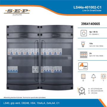 SEP Live-On SmartChoise, LS44a-401002-C1, 40A, 3-fase groepenkast, 10-lichtgroepen, 2-krachtgroepen,  1V-contactdoos, technische details