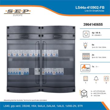 SEP Live-On SmartChoise, LS44a-410902-FB, 40A, 3-fase groepenkast, 9-lichtgroepen, 2-krachtgroepen, 1-fornuisgroep, 1-beltrafo, technische details