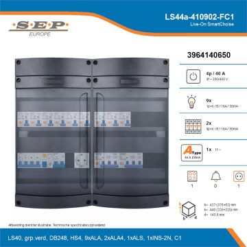 SEP Live-On SmartChoise, LS44a-410902-FC1, 40A, 3-fase groepenkast, 9-lichtgroepen, 2-krachtgroepen, 1-fornuisgroep,  1V-contactdoos, technische details