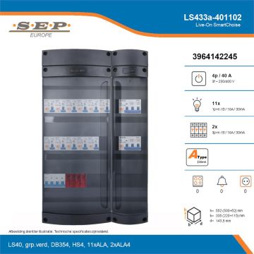 SEP Live-On SmartChoise, LS433a-401102, 40A, 3-fase groepenkast, 11-lichtgroepen, 2-krachtgroepen, technische details