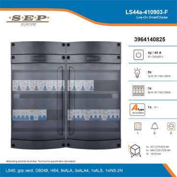 SEP Live-On SmartChoise, LS44a-410903-F, 40A, 3-fase groepenkast, 9-lichtgroepen, 3-krachtgroepen, 1-fornuisgroep, technische details
