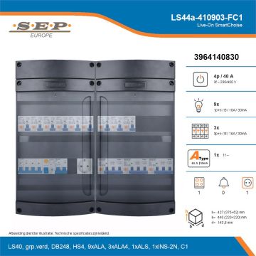 SEP Live-On SmartChoise, LS44a-410903-FC1, 40A, 3-fase groepenkast, 9-lichtgroepen, 3-krachtgroepen, 1-fornuisgroep,  1V-contactdoos, technische details