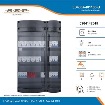 SEP Live-On SmartChoise, LS433a-401103-B, 40A, 3-fase groepenkast, 11-lichtgroepen, 3-krachtgroepen, 1-beltrafo, technische details