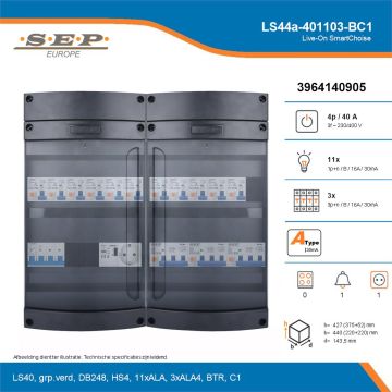 SEP Live-On SmartChoise, LS44a-401103-BC1, 40A, 3-fase groepenkast, 11-lichtgroepen, 3-krachtgroepen, 1-beltrafo,  1V-contactdoos, technische details