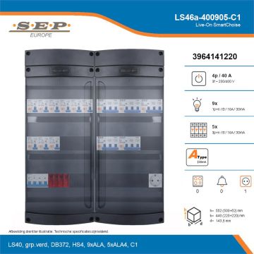 SEP Live-On SmartChoise, LS46a-400905-C1, 40A, 3-fase groepenkast, 9-lichtgroepen, 5-krachtgroepen,  1V-contactdoos, technische details