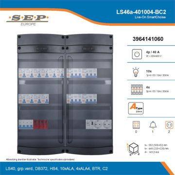 SEP Live-On SmartChoise, LS46a-401004-BC2, 40A, 3-fase groepenkast, 10-lichtgroepen, 4-krachtgroepen, 1-beltrafo,  2V-contactdoos, technische details