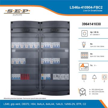 SEP Live-On SmartChoise, LS46a-410904-FBC2, 40A, 3-fase groepenkast, 9-lichtgroepen, 4-krachtgroepen, 1-fornuisgroep, 1-beltrafo,  2V-contactdoos, technische details