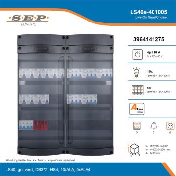 SEP Live-On SmartChoise, LS46a-401005, 40A, 3-fase groepenkast, 10-lichtgroepen, 5-krachtgroepen, technische details