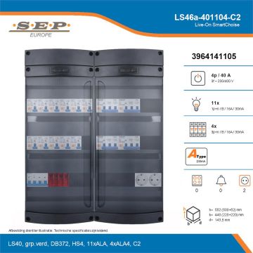 SEP Live-On SmartChoise, LS46a-401104-C2, 40A, 3-fase groepenkast, 11-lichtgroepen, 4-krachtgroepen,  2V-contactdoos, technische details