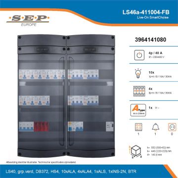 SEP Live-On SmartChoise, LS46a-411004-FB, 40A, 3-fase groepenkast, 10-lichtgroepen, 4-krachtgroepen, 1-fornuisgroep, 1-beltrafo, technische details