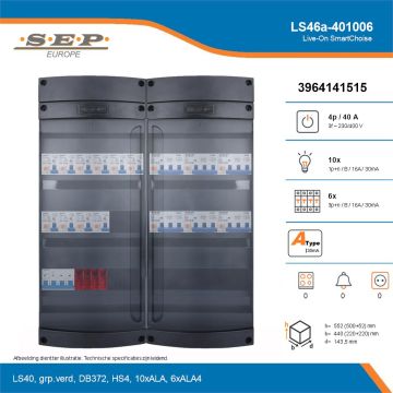 SEP Live-On SmartChoise, LS46a-401006, 40A, 3-fase groepenkast, 10-lichtgroepen, 6-krachtgroepen, technische details