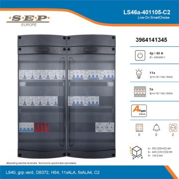 SEP Live-On SmartChoise, LS46a-401105-C2, 40A, 3-fase groepenkast, 11-lichtgroepen, 5-krachtgroepen,  2V-contactdoos, technische details