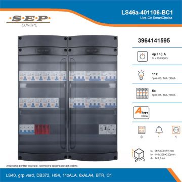 SEP Live-On SmartChoise, LS46a-401106-BC1, 40A, 3-fase groepenkast, 11-lichtgroepen, 6-krachtgroepen, 1-beltrafo,  1V-contactdoos, technische details