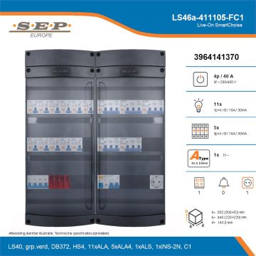 SEP Live-On SmartChoise, LS46a-411105-FC1, 40A, 3-fase groepenkast, 11-lichtgroepen, 5-krachtgroepen, 1-fornuisgroep,  1V-contactdoos, technische details