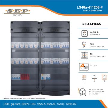 SEP Live-On SmartChoise, LS46a-411206-F, 40A, 3-fase groepenkast, 12-lichtgroepen, 6-krachtgroepen, 1-fornuisgroep, technische details