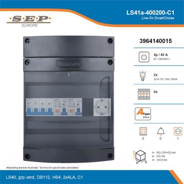 SEP Live-On SmartChoise, LS41a-400200-C1, 40A, 3-fase groepenkast, 2-lichtgroepen,  1V-contactdoos, technische details