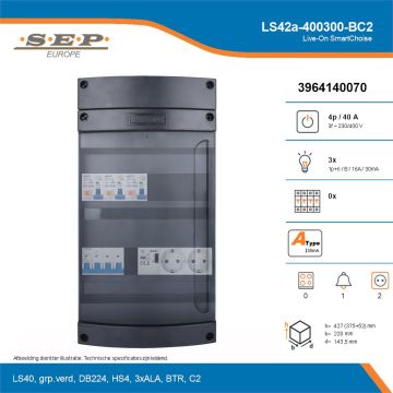 SEP Live-On SmartChoise, LS42a-400300-BC2, 40A, 3-fase groepenkast, 3-lichtgroepen, 1-beltrafo,  2V-contactdoos, technische details