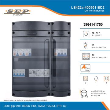 SEP Live-On SmartChoise, LS422a-400301-BC2, 40A, 3-fase groepenkast, 3-lichtgroepen, 1-krachtgroepen, 1-beltrafo,  2V-contactdoos, technische details