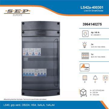 SEP Live-On SmartChoise, LS42a-400301, 40A, 3-fase groepenkast, 3-lichtgroepen, 1-krachtgroepen, technische details
