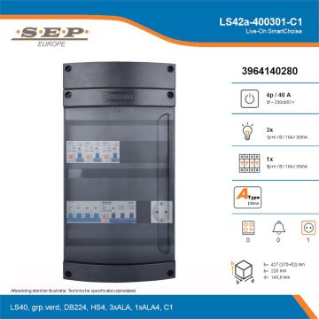 SEP Live-On SmartChoise, LS42a-400301-C1, 40A, 3-fase groepenkast, 3-lichtgroepen, 1-krachtgroepen,  1V-contactdoos, technische details