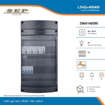 SEP Live-On SmartChoise, LS42a-400400, 40A, 3-fase groepenkast, 4-lichtgroepen, technische details
