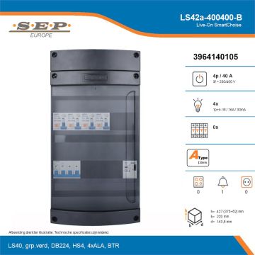 SEP Live-On SmartChoise, LS42a-400400-B, 40A, 3-fase groepenkast, 4-lichtgroepen, 1-beltrafo, technische details