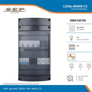 SEP Live-On SmartChoise, LS42a-400400-C2, 40A, 3-fase groepenkast, 4-lichtgroepen,  2V-contactdoos, technische details