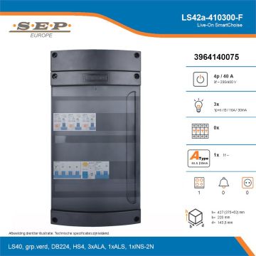 SEP Live-On SmartChoise, LS42a-410300-F, 40A, 3-fase groepenkast, 3-lichtgroepen, 1-fornuisgroep, technische details