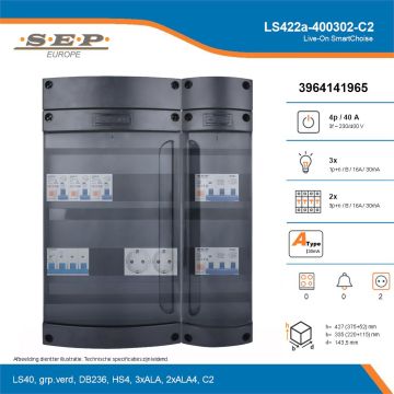 SEP Live-On SmartChoise, LS422a-400302-C2, 40A, 3-fase groepenkast, 3-lichtgroepen, 2-krachtgroepen,  2V-contactdoos, technische details