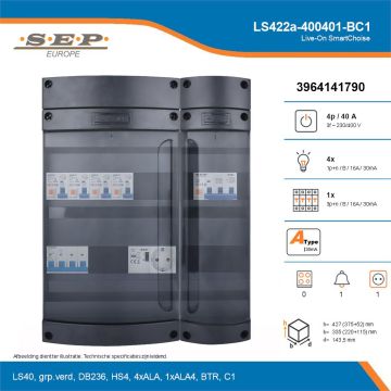 SEP Live-On SmartChoise, LS422a-400401-BC1, 40A, 3-fase groepenkast, 4-lichtgroepen, 1-krachtgroepen, 1-beltrafo,  1V-contactdoos, technische details