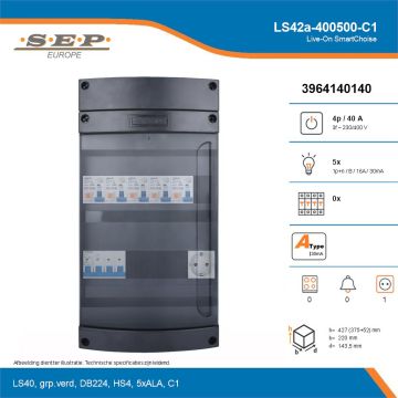 SEP Live-On SmartChoise, LS42a-400500-C1, 40A, 3-fase groepenkast, 5-lichtgroepen,  1V-contactdoos, technische details