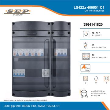 SEP Live-On SmartChoise, LS422a-400501-C1, 40A, 3-fase groepenkast, 5-lichtgroepen, 1-krachtgroepen,  1V-contactdoos, technische details