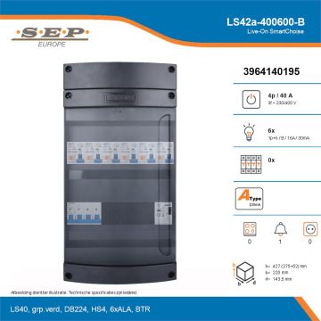 SEP Live-On SmartChoise, LS42a-400600-B, 40A, 3-fase groepenkast, 6-lichtgroepen, 1-beltrafo, technische details