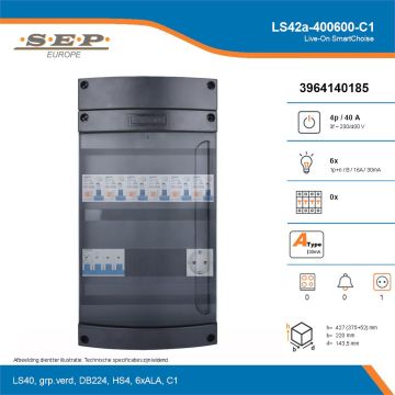 SEP Live-On SmartChoise, LS42a-400600-C1, 40A, 3-fase groepenkast, 6-lichtgroepen,  1V-contactdoos, technische details