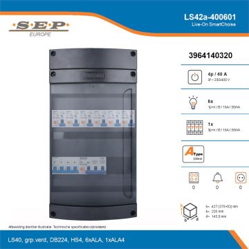 SEP Live-On SmartChoise, LS42a-400601, 40A, 3-fase groepenkast, 6-lichtgroepen, 1-krachtgroepen, technische details