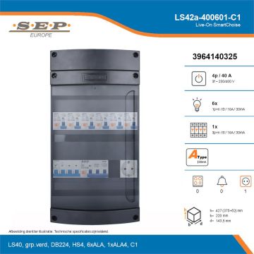 SEP Live-On SmartChoise, LS42a-400601-C1, 40A, 3-fase groepenkast, 6-lichtgroepen, 1-krachtgroepen,  1V-contactdoos, technische details