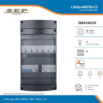 SEP Live-On SmartChoise, LS42a-400700-C2, 40A, 3-fase groepenkast, 7-lichtgroepen,  2V-contactdoos, technische details