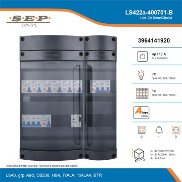 SEP Live-On SmartChoise, LS422a-400701-B, 40A, 3-fase groepenkast, 7-lichtgroepen, 1-krachtgroepen, 1-beltrafo, technische details