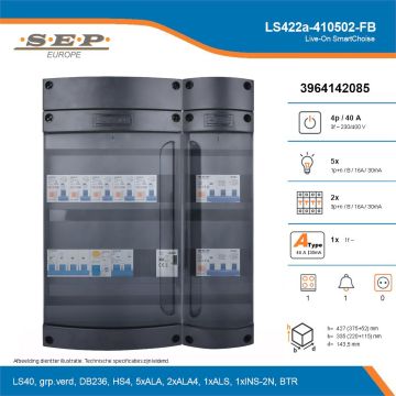 SEP Live-On SmartChoise, LS422a-410502-FB, 40A, 3-fase groepenkast, 5-lichtgroepen, 2-krachtgroepen, 1-fornuisgroep, 1-beltrafo, technische details