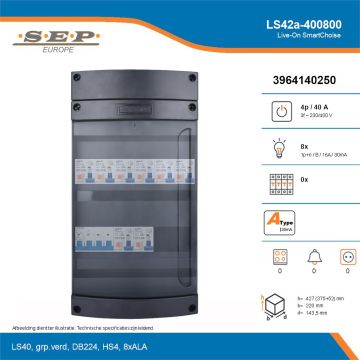 SEP Live-On SmartChoise, LS42a-400800, 40A, 3-fase groepenkast, 8-lichtgroepen, technische details
