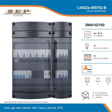 SEP Live-On SmartChoise, LS422a-400702-B, 40A, 3-fase groepenkast, 7-lichtgroepen, 2-krachtgroepen, 1-beltrafo, technische details