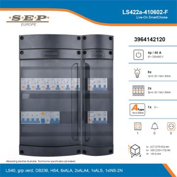SEP Live-On SmartChoise, LS422a-410602-F, 40A, 3-fase groepenkast, 6-lichtgroepen, 2-krachtgroepen, 1-fornuisgroep, technische details
