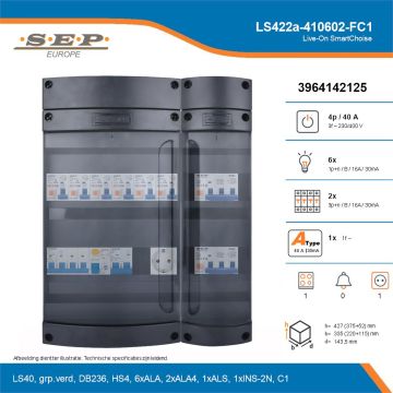 SEP Live-On SmartChoise, LS422a-410602-FC1, 40A, 3-fase groepenkast, 6-lichtgroepen, 2-krachtgroepen, 1-fornuisgroep,  1V-contactdoos, technische details
