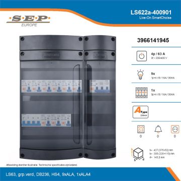 SEP Live-On SmartChoise, LS622a-400901, 63A, 3-fase groepenkast, 9-lichtgroepen, 1-krachtgroepen, technische details