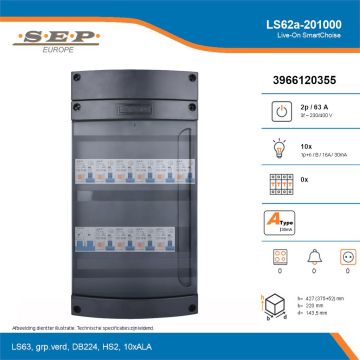SEP Live-On SmartChoise, LS62a-201000, 63A, 3-fase groepenkast, 10-lichtgroepen, technische details