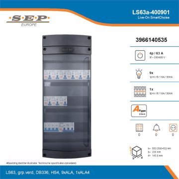 SEP Live-On SmartChoise, LS63a-400901, 63A, 3-fase groepenkast, 9-lichtgroepen, 1-krachtgroepen, technische details